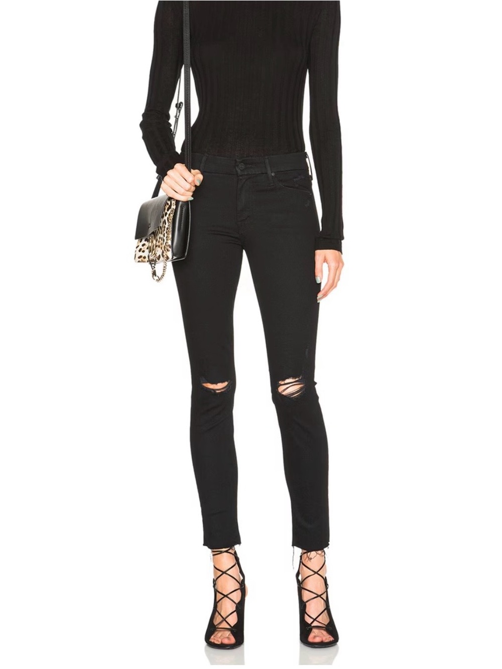 MOTHER Looker Ankle Fray In Guilty As Sin Black Wash Distressed Frayed Hem Pants